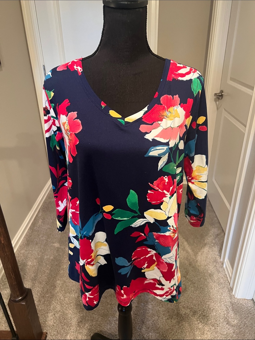 The Pioneer Woman Navy Floral V-Neck Top with Red, Yellow & Green Accents